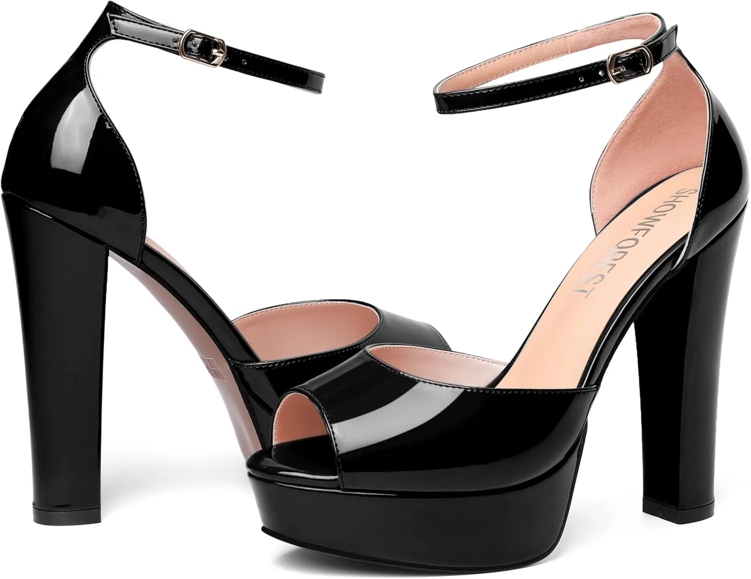 SHOWFOREST Womens Platform Patent Ankle Strap Sexy Buckle Peep Toe Night Club Block High Heel Pumps Shoes 5 Inch