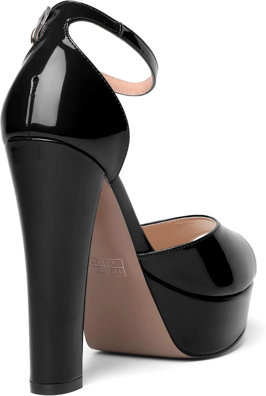 SHOWFOREST Womens Platform Patent Ankle Strap Sexy Buckle Peep Toe Night Club Block High Heel Pumps Shoes 5 Inch