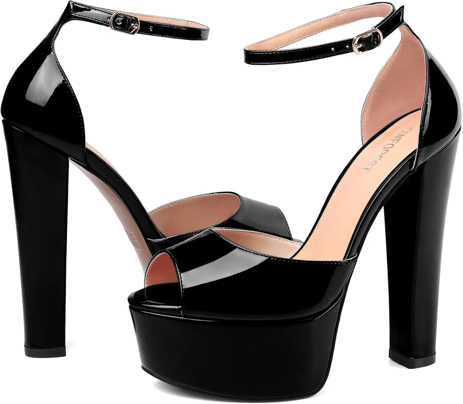 SHOWFOREST Womens Sexy Night Club Ankle Strap Open Toe Buckle Peep Toe Patent Block High Heel Platforms Sandals 6 Inch