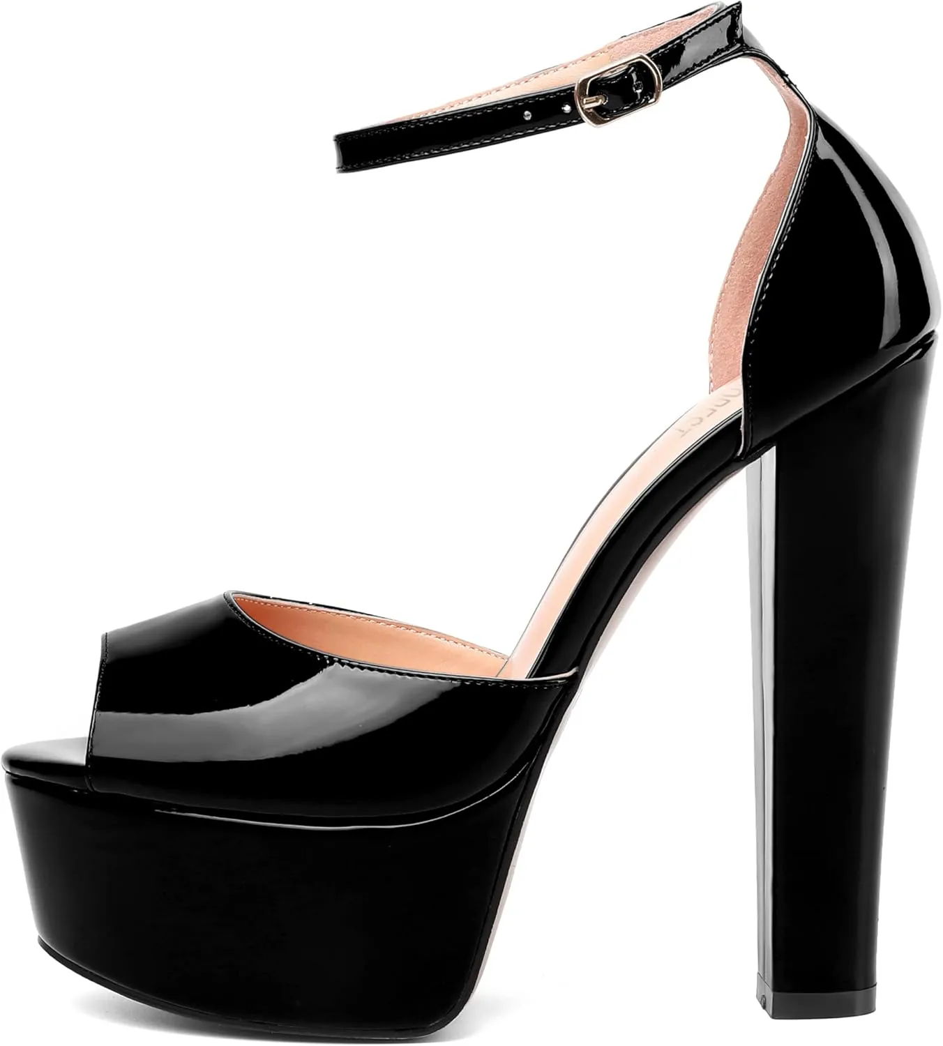 SHOWFOREST Womens Sexy Night Club Ankle Strap Open Toe Buckle Peep Toe Patent Block High Heel Platforms Sandals 6 Inch