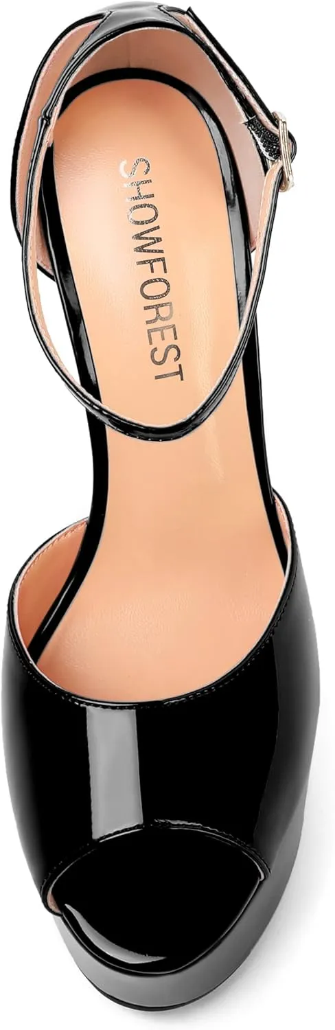 SHOWFOREST Womens Sexy Night Club Ankle Strap Open Toe Buckle Peep Toe Patent Block High Heel Platforms Sandals 6 Inch
