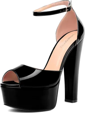SHOWFOREST Womens Sexy Night Club Ankle Strap Open Toe Buckle Peep Toe Patent Block High Heel Platforms Sandals 6 Inch