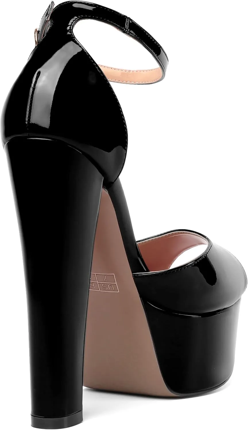 SHOWFOREST Womens Sexy Night Club Ankle Strap Open Toe Buckle Peep Toe Patent Block High Heel Platforms Sandals 6 Inch