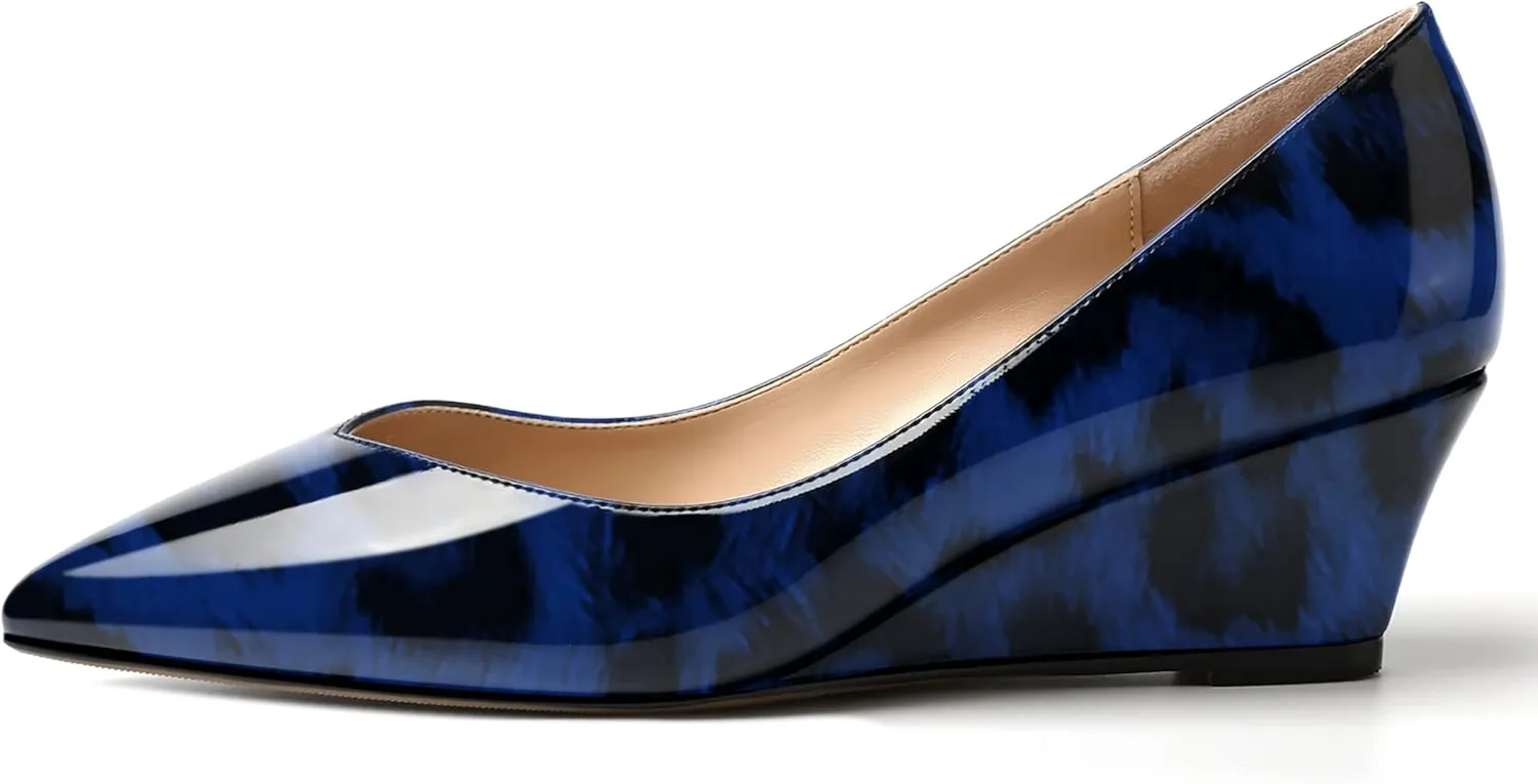 SHOWFOREST Women's Slip On Dating Patent Solid Pointed Toe Sexy Wedge Low Heel Pumps Shoes 2 Inch
