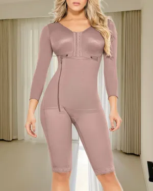 Side Zipper Breast Support Sleeved Tummy Control Full Body Shapewear