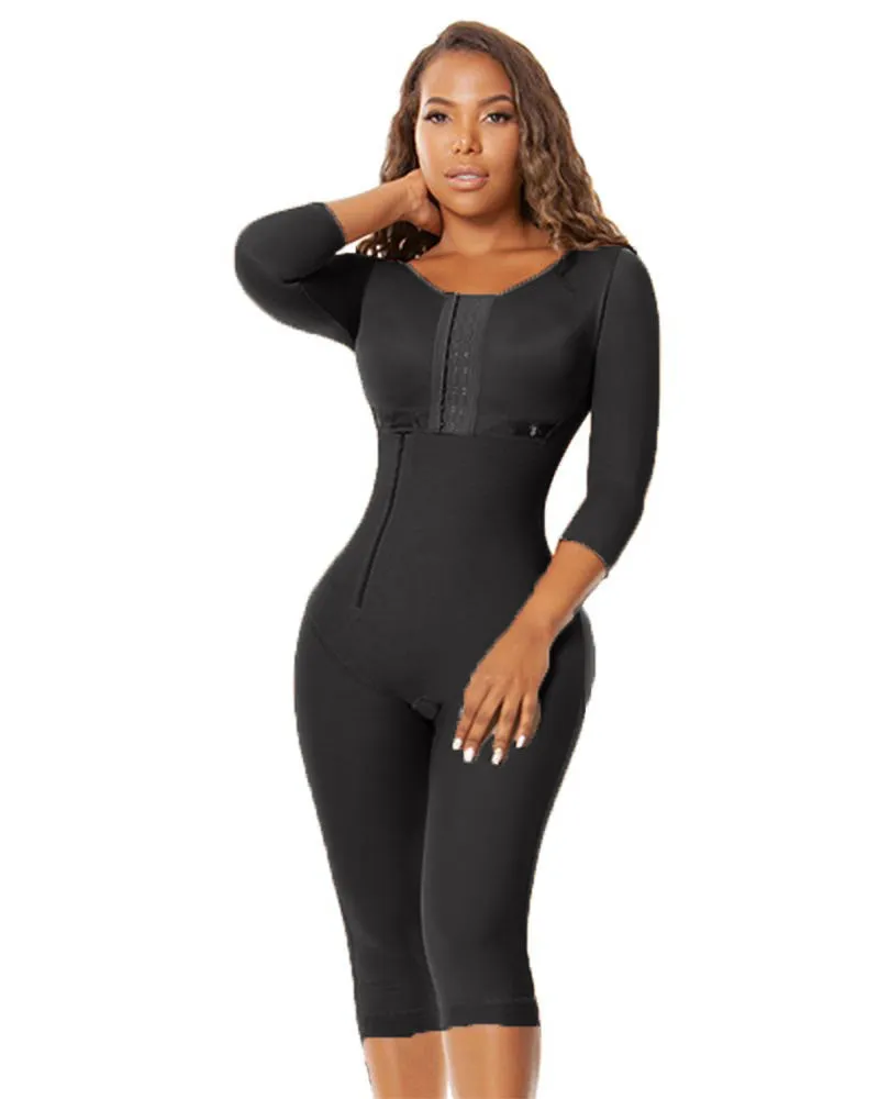 Side Zipper Breast Support Sleeved Tummy Control Full Body Shapewear