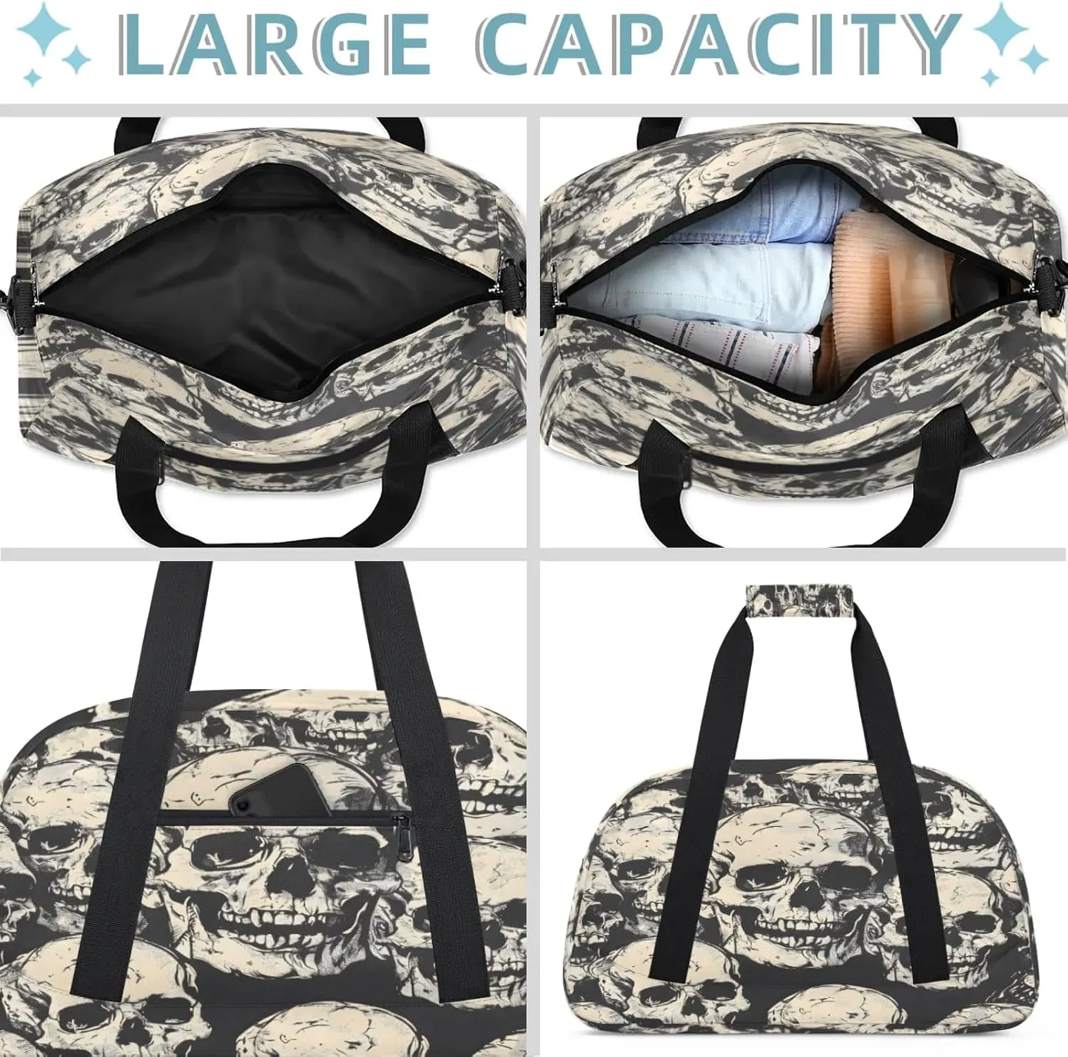 Skeleto Gothothic Skull Small Gym Bag 18 inch Carry On Duffel Bag for Weekender Travel Sports Workout Yoga Gymnastics Dance Ballet