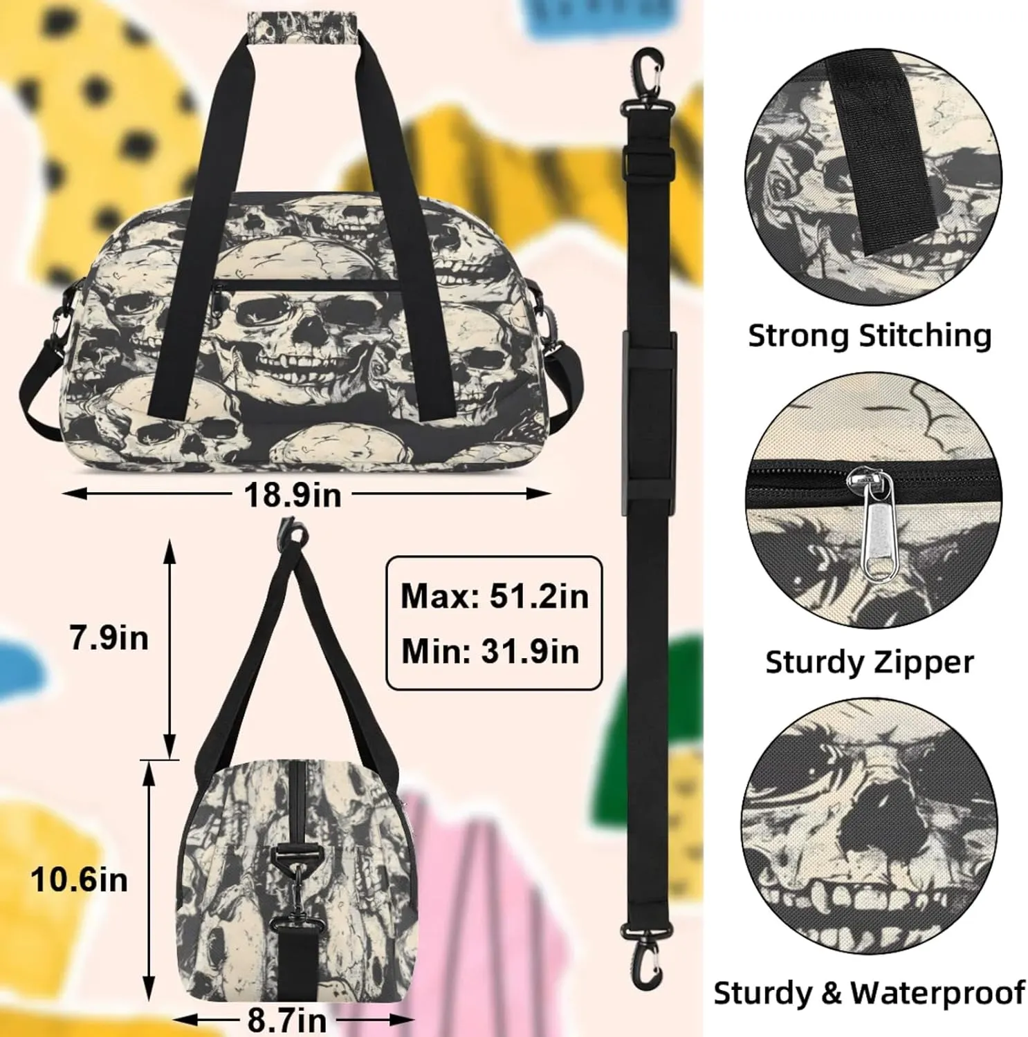 Skeleto Gothothic Skull Small Gym Bag 18 inch Carry On Duffel Bag for Weekender Travel Sports Workout Yoga Gymnastics Dance Ballet