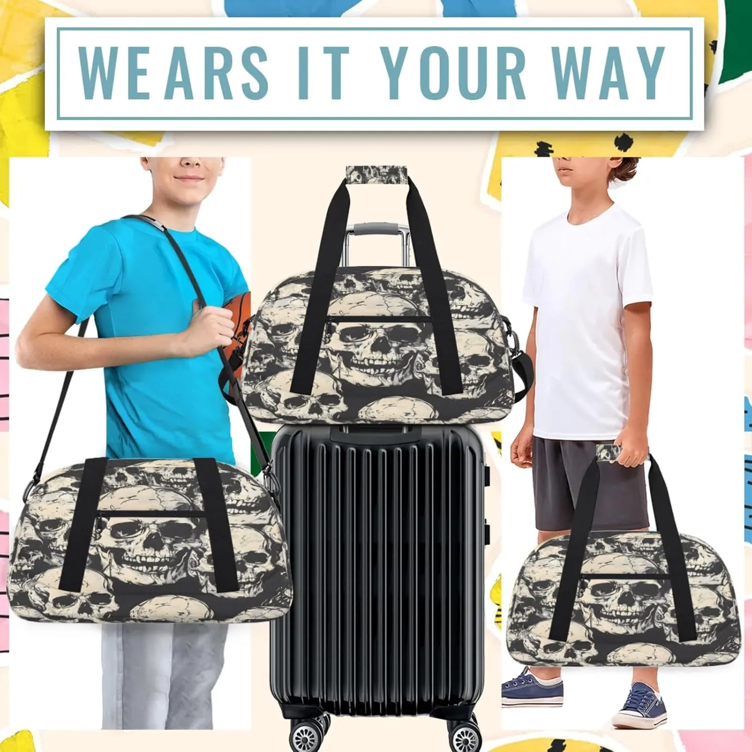 Skeleto Gothothic Skull Small Gym Bag 18 inch Carry On Duffel Bag for Weekender Travel Sports Workout Yoga Gymnastics Dance Ballet