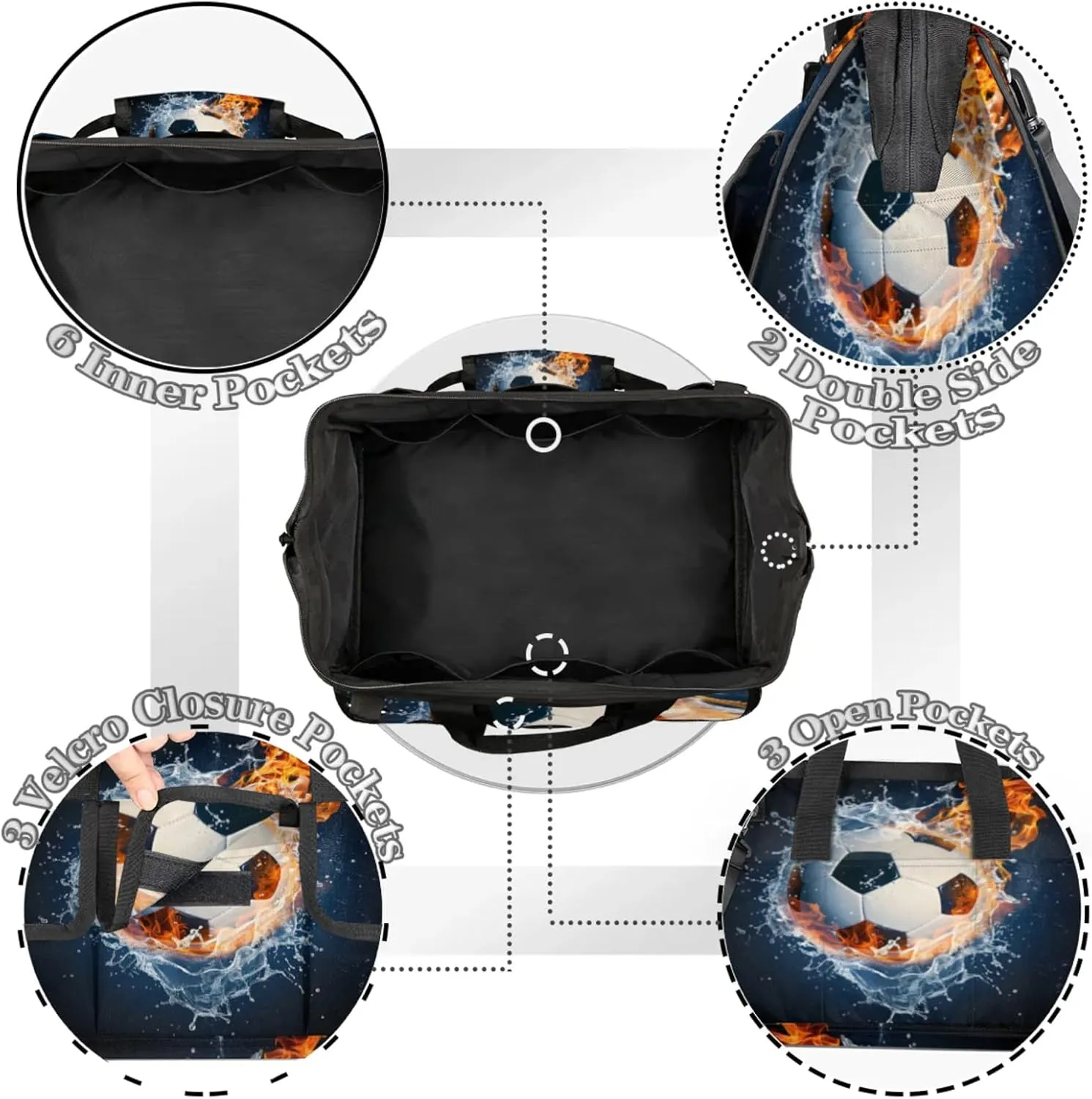 Soccer Ball On Fire And Water Heavy Duty Tool Bags for Men and Women 14.8 Inch, Soft Wide Mouth Tool Tote Organizer Bag with Adjustable Shoulder Strap