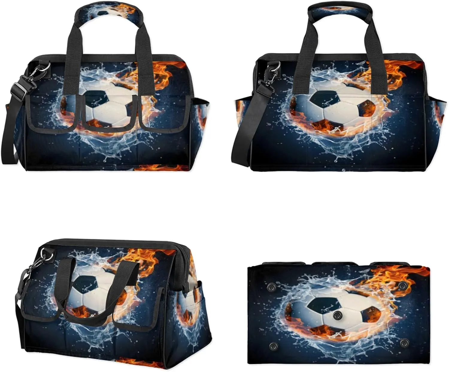 Soccer Ball On Fire And Water Heavy Duty Tool Bags for Men and Women 14.8 Inch, Soft Wide Mouth Tool Tote Organizer Bag with Adjustable Shoulder Strap