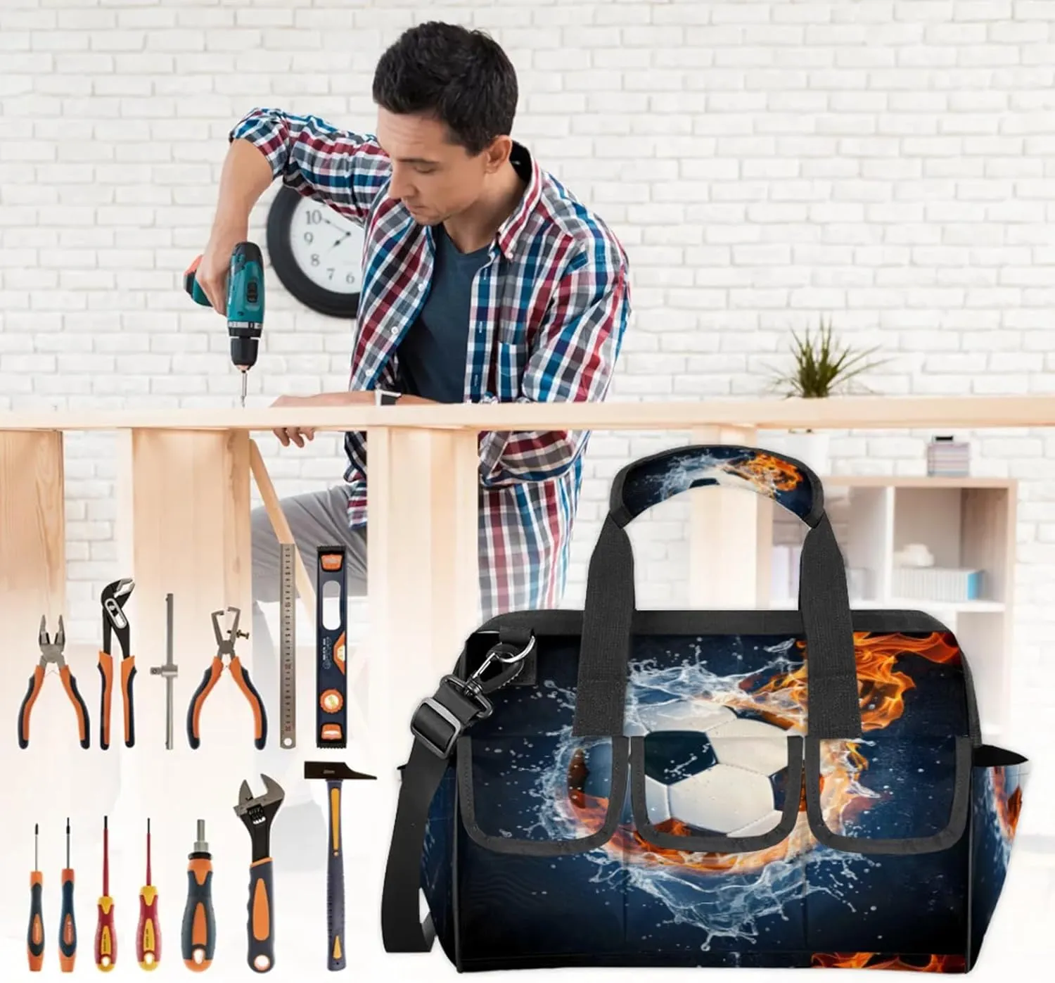 Soccer Ball On Fire And Water Heavy Duty Tool Bags for Men and Women 14.8 Inch, Soft Wide Mouth Tool Tote Organizer Bag with Adjustable Shoulder Strap