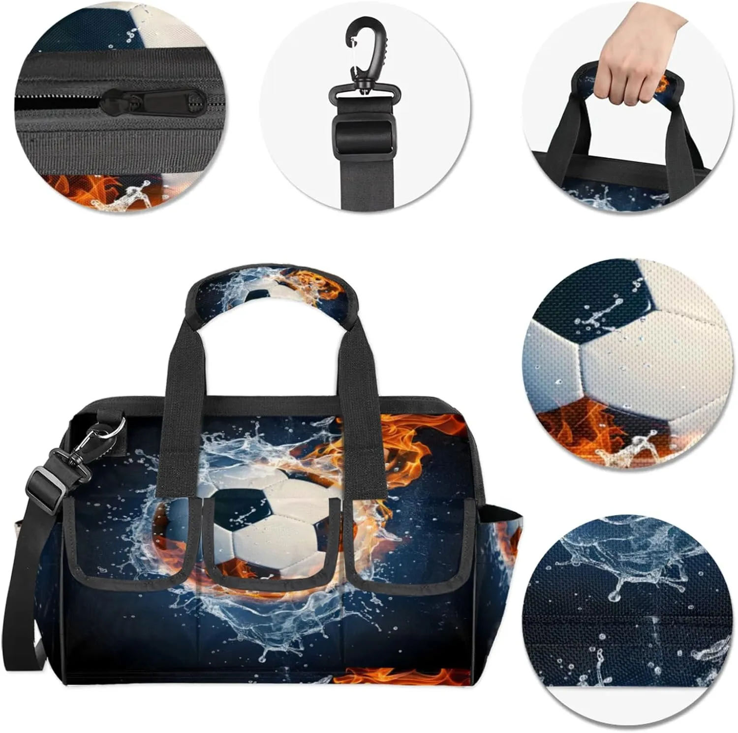 Soccer Ball On Fire And Water Heavy Duty Tool Bags for Men and Women 14.8 Inch, Soft Wide Mouth Tool Tote Organizer Bag with Adjustable Shoulder Strap