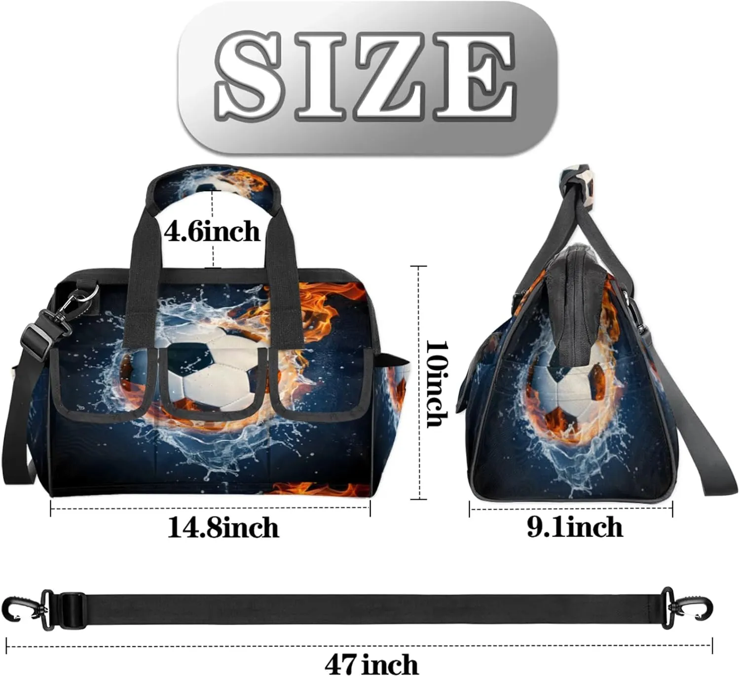 Soccer Ball On Fire And Water Heavy Duty Tool Bags for Men and Women 14.8 Inch, Soft Wide Mouth Tool Tote Organizer Bag with Adjustable Shoulder Strap