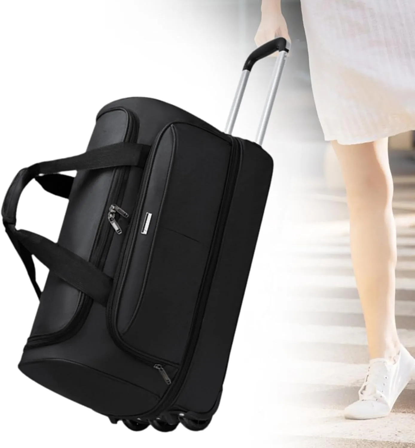 Soft Wheeled Wheeled Bag with Portable Maneuvering Handbag Versatile Baggage Bag in The Open Air for Travel in The Middle of, black, L