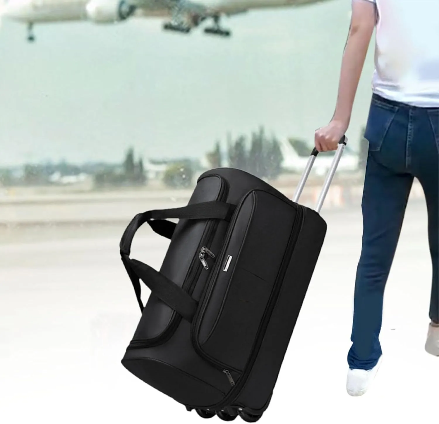 Soft Wheeled Wheeled Bag with Portable Maneuvering Handbag Versatile Baggage Bag in The Open Air for Travel in The Middle of, black, L