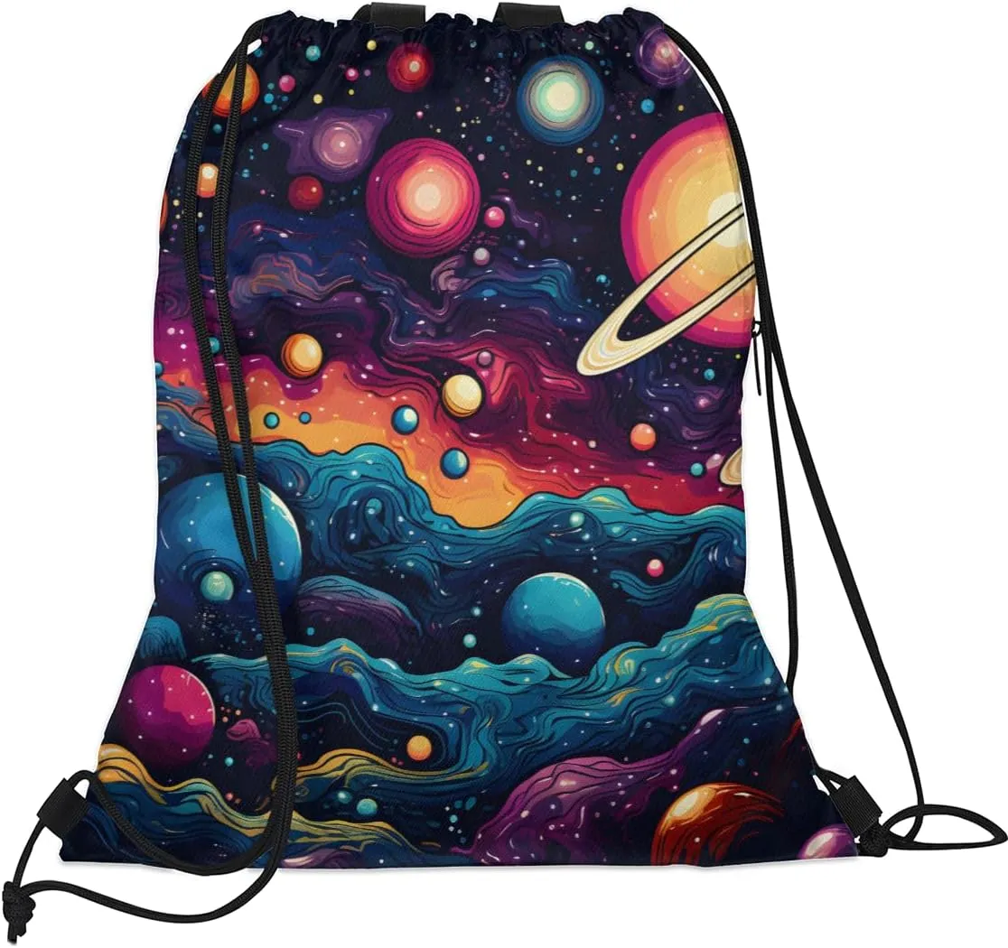 Solar System Universe Drawstring Backpack with Water Bottle Pocket Lightweight String Bag Outer Space Sports Gym Swim Sackpack for Men Women