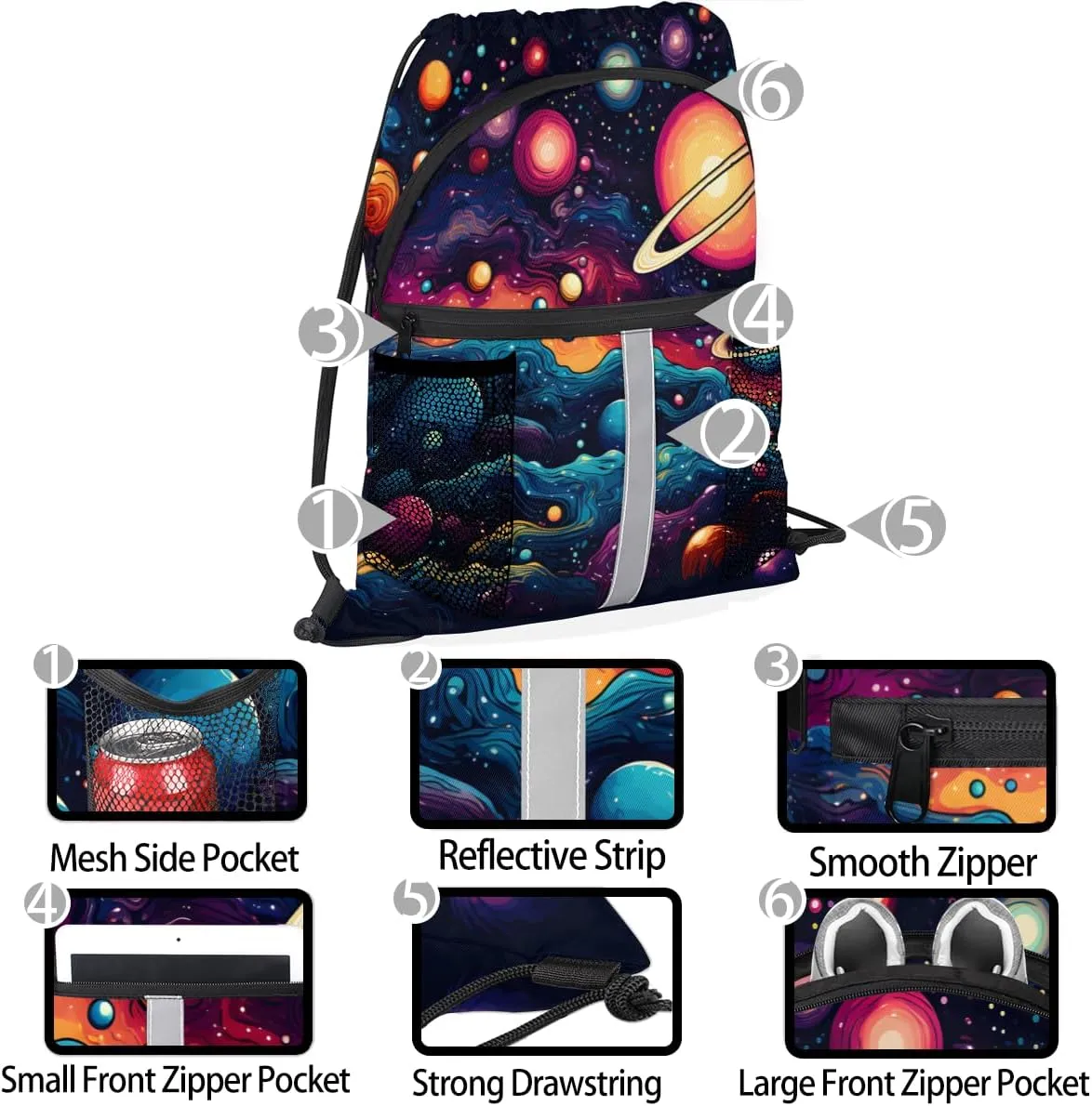 Solar System Universe Drawstring Backpack with Water Bottle Pocket Lightweight String Bag Outer Space Sports Gym Swim Sackpack for Men Women