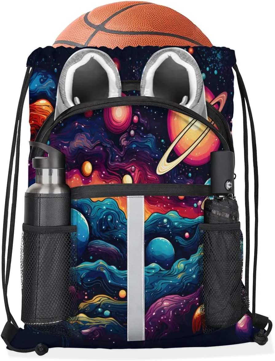 Solar System Universe Drawstring Backpack with Water Bottle Pocket Lightweight String Bag Outer Space Sports Gym Swim Sackpack for Men Women