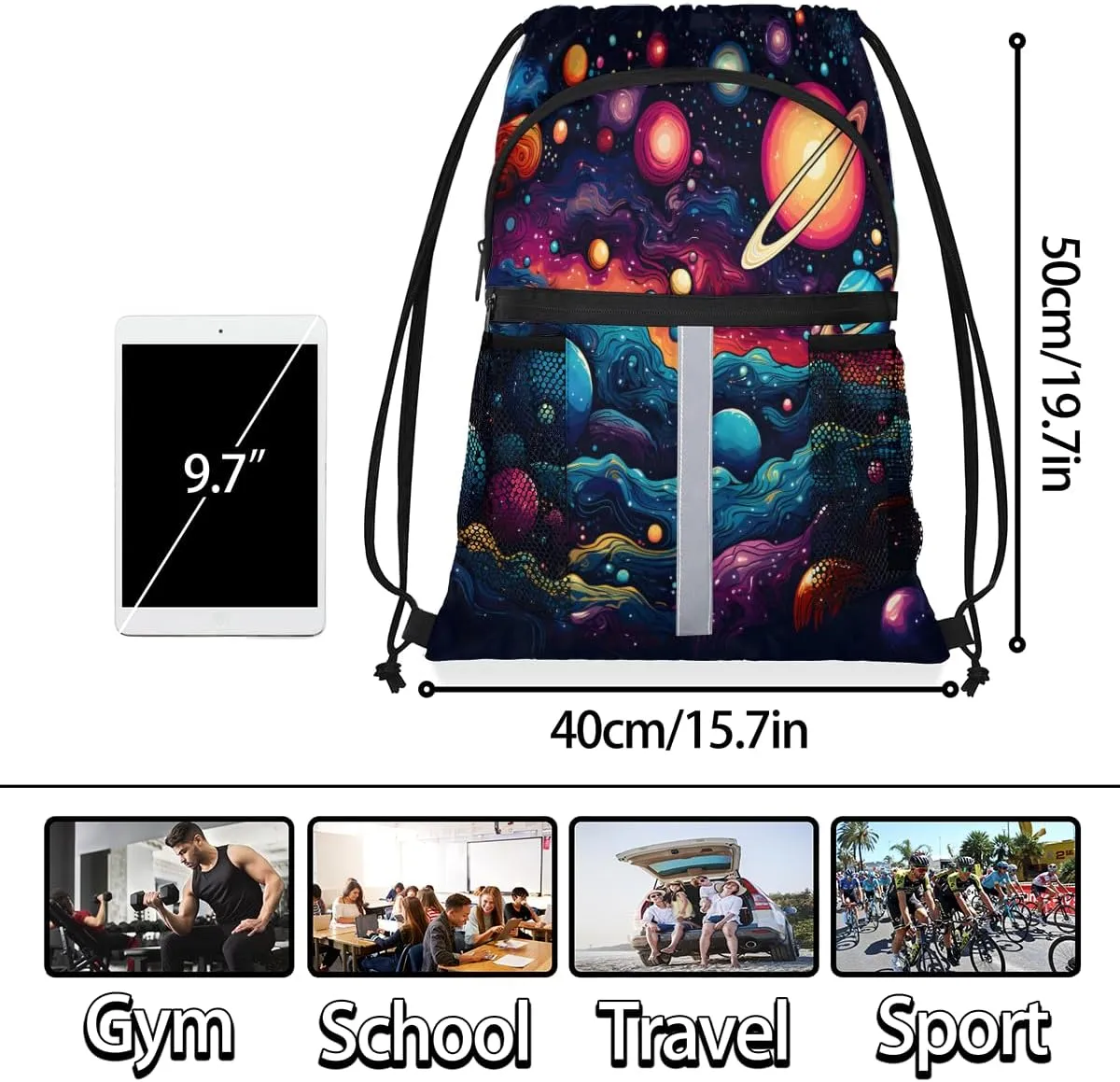 Solar System Universe Drawstring Backpack with Water Bottle Pocket Lightweight String Bag Outer Space Sports Gym Swim Sackpack for Men Women