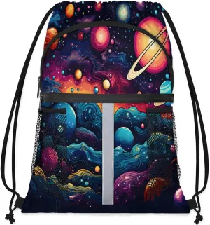 Solar System Universe Drawstring Backpack with Water Bottle Pocket Lightweight String Bag Outer Space Sports Gym Swim Sackpack for Men Women