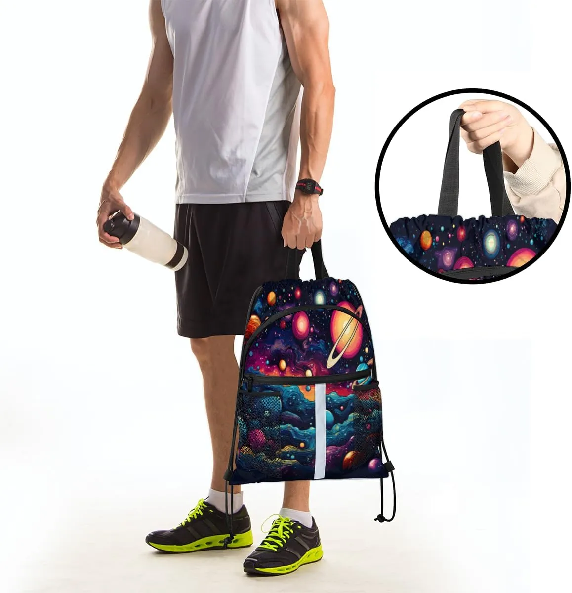 Solar System Universe Drawstring Backpack with Water Bottle Pocket Lightweight String Bag Outer Space Sports Gym Swim Sackpack for Men Women