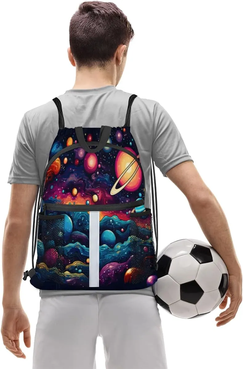 Solar System Universe Drawstring Backpack with Water Bottle Pocket Lightweight String Bag Outer Space Sports Gym Swim Sackpack for Men Women