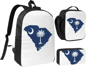 South Carolina Flag Map print 3 Piece Backpack Bags with Lunch Box Pencil Case Set for Travel Work Camping Unisex