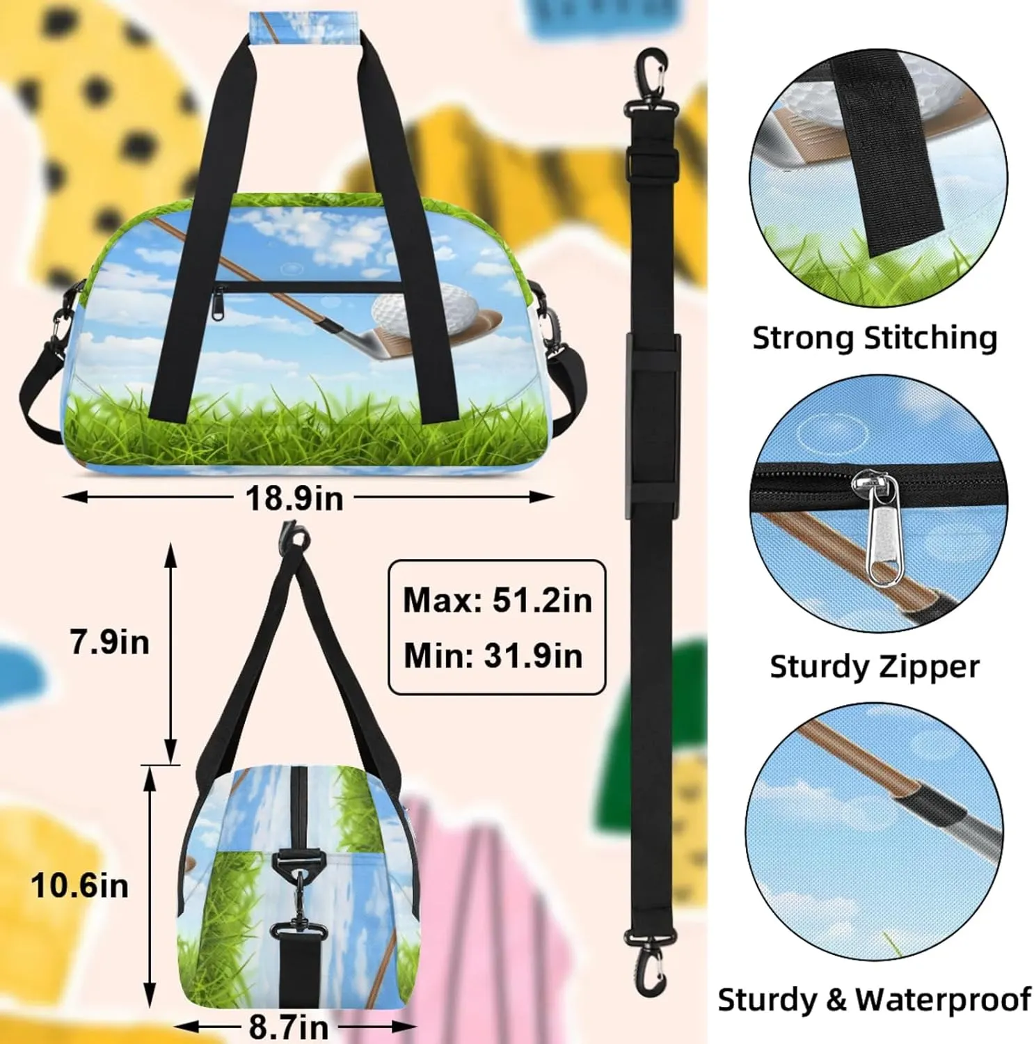 Sport Theme Golf Small Gym Bag 18 inch Carry On Duffel Bag for Weekender Travel Sports Workout Yoga Gymnastics Dance Ballet