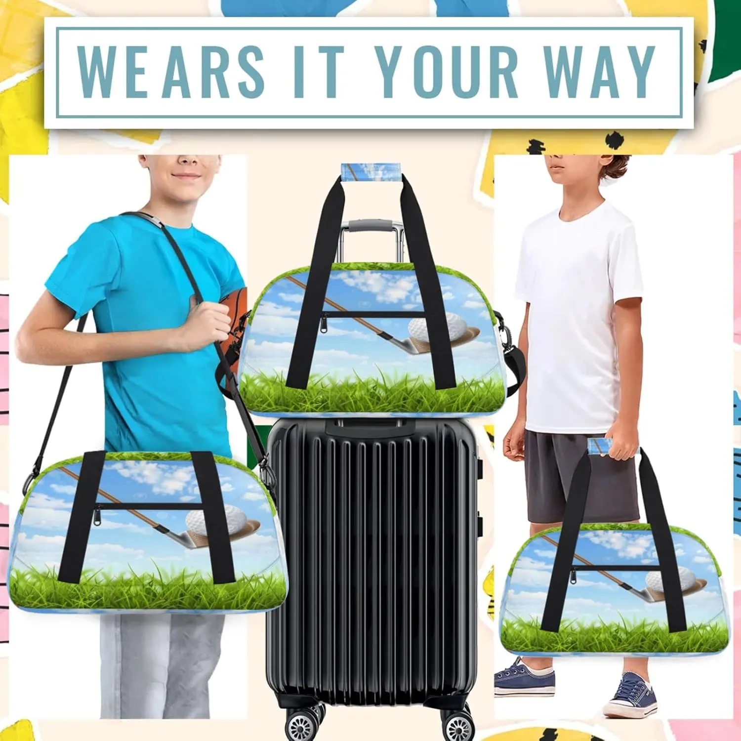 Sport Theme Golf Small Gym Bag 18 inch Carry On Duffel Bag for Weekender Travel Sports Workout Yoga Gymnastics Dance Ballet