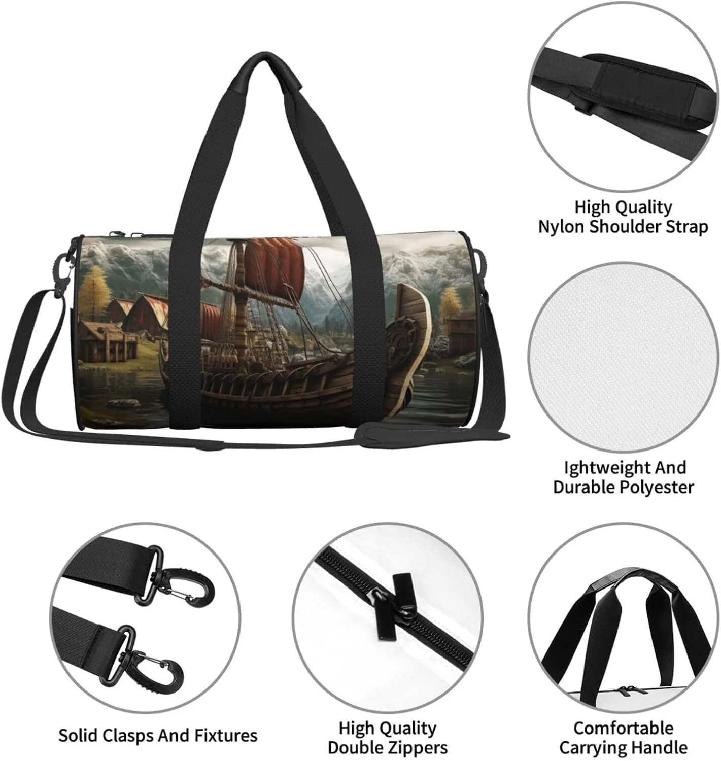 Sports Gym Bag for Women Men Travel Duffel Bag Tote Weekender Bag Carry on Overnight Bag for Travel Swimming Fitness Workout Sports Old Viking Boat Duffle Bag