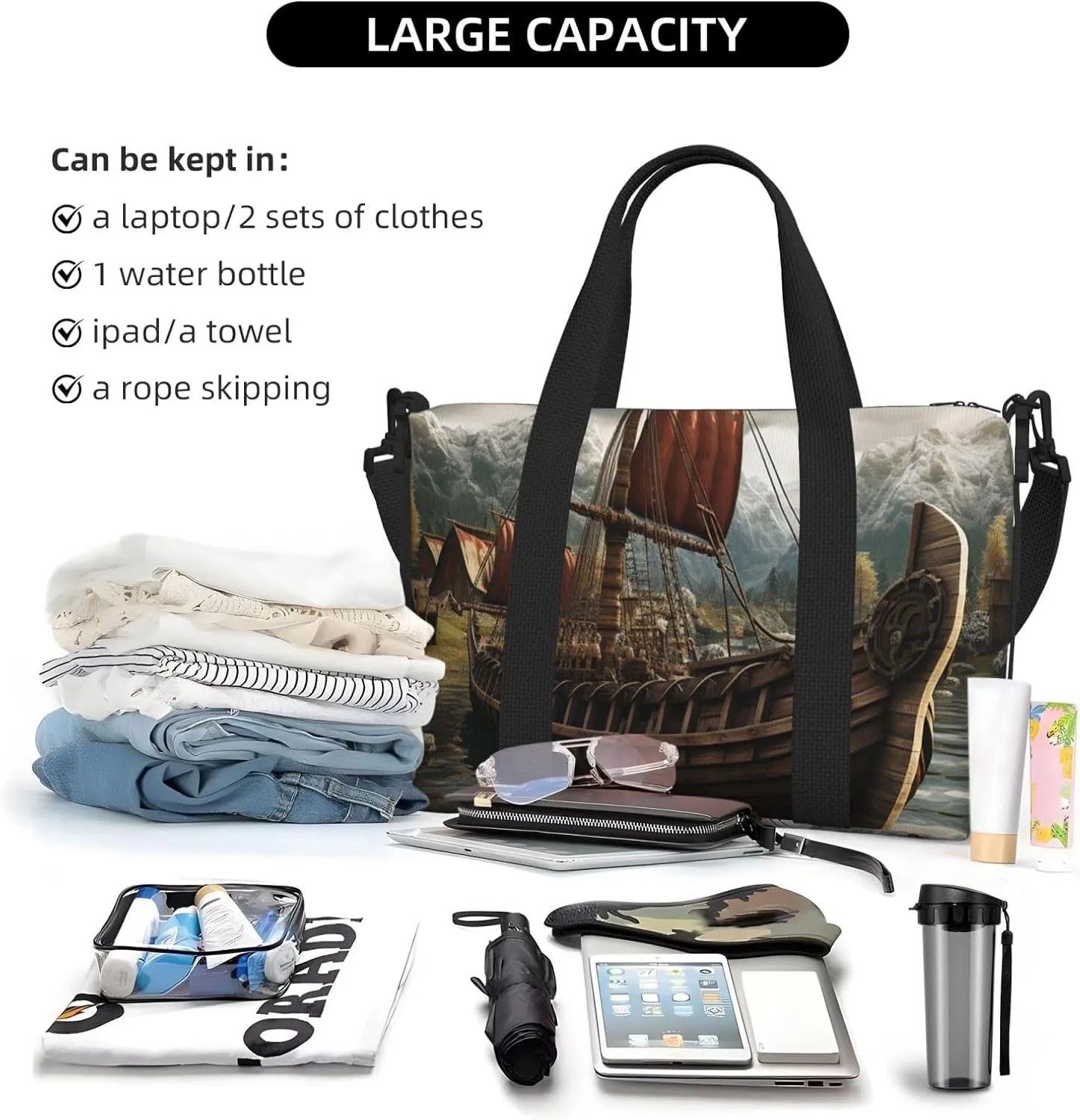 Sports Gym Bag for Women Men Travel Duffel Bag Tote Weekender Bag Carry on Overnight Bag for Travel Swimming Fitness Workout Sports Old Viking Boat Duffle Bag
