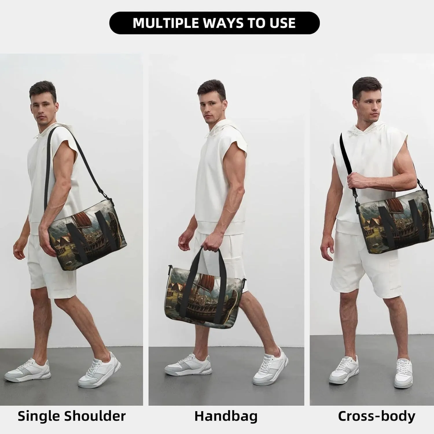 Sports Gym Bag for Women Men Travel Duffel Bag Tote Weekender Bag Carry on Overnight Bag for Travel Swimming Fitness Workout Sports Old Viking Boat Duffle Bag