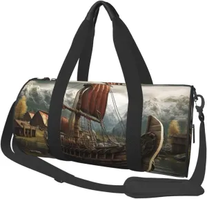 Sports Gym Bag for Women Men Travel Duffel Bag Tote Weekender Bag Carry on Overnight Bag for Travel Swimming Fitness Workout Sports Old Viking Boat Duffle Bag