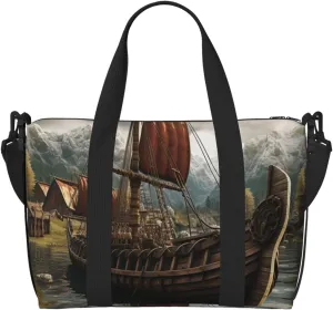 Sports Gym Bag for Women Men Travel Duffel Bag Tote Weekender Bag Carry on Overnight Bag for Travel Swimming Fitness Workout Sports Old Viking Boat Duffle Bag
