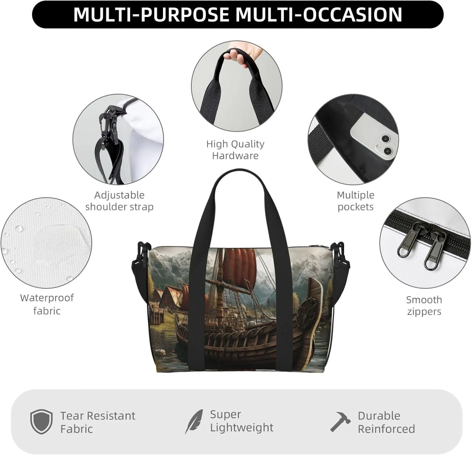 Sports Gym Bag for Women Men Travel Duffel Bag Tote Weekender Bag Carry on Overnight Bag for Travel Swimming Fitness Workout Sports Old Viking Boat Duffle Bag