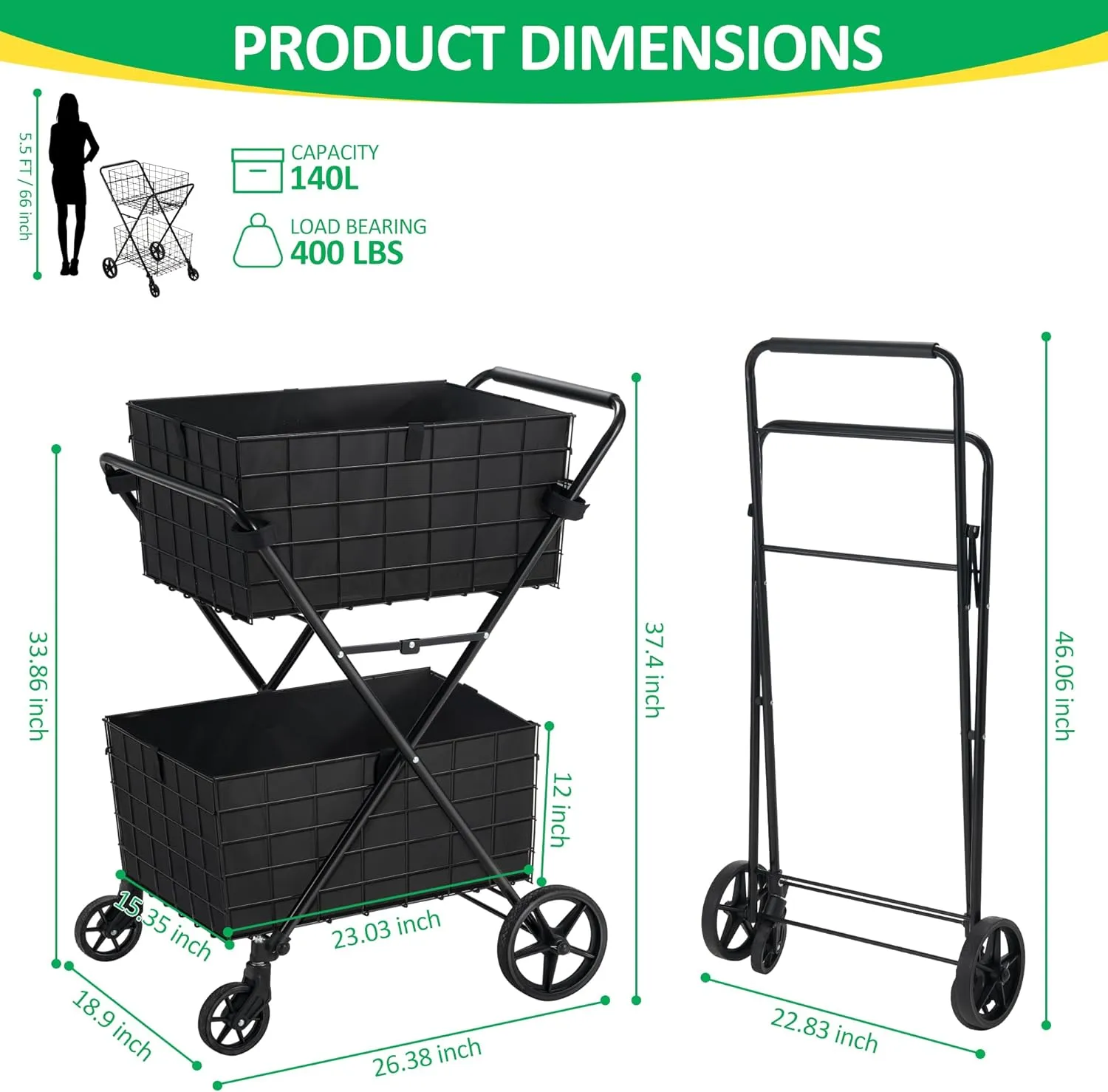 Spurgehom 2-Tier Shopping Cart for Groceries Folding Grocery Cart On Wheels with Removable Double Baskets 360° Rolling Utility Cart with Oxford Cloth Liner, Black
