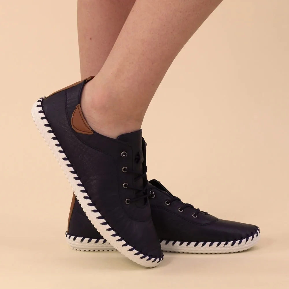 St Ives Navy Leather Plimsoll