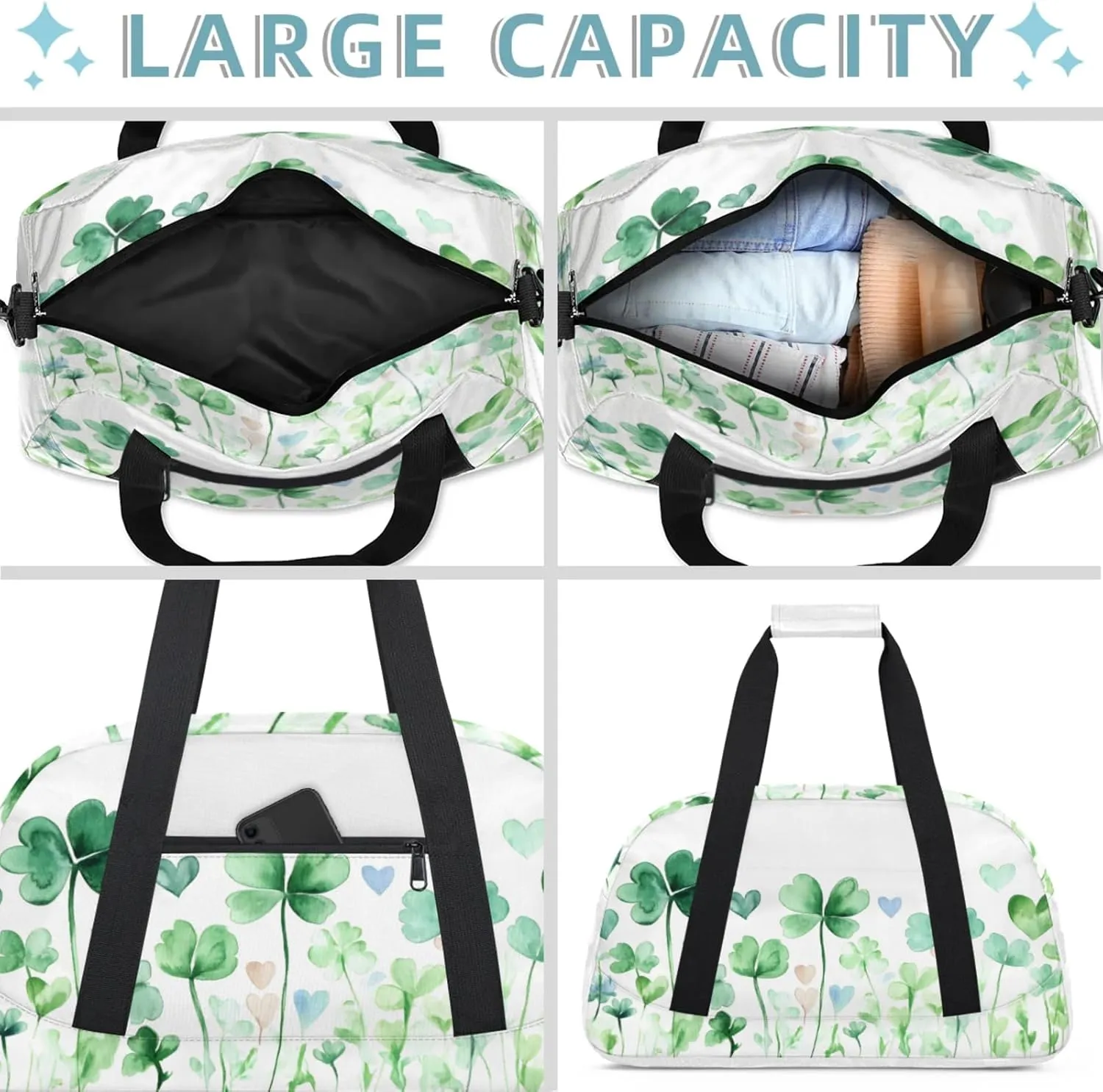 St. Patrick's Day Clover Shamrock Small Gym Bag 18 inch Carry On Duffel Bag for Weekender Travel Sports Workout Yoga Gymnastics Dance Ballet