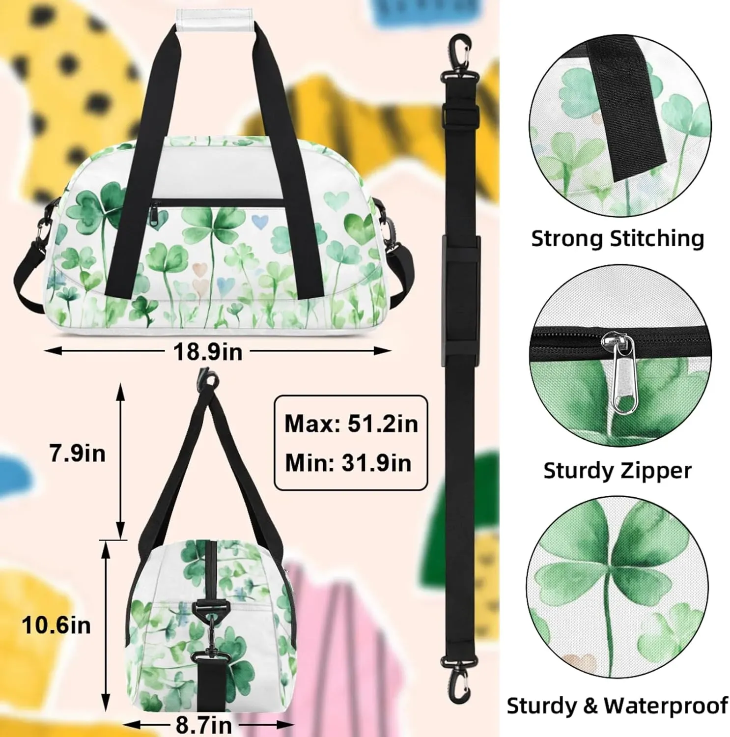 St. Patrick's Day Clover Shamrock Small Gym Bag 18 inch Carry On Duffel Bag for Weekender Travel Sports Workout Yoga Gymnastics Dance Ballet