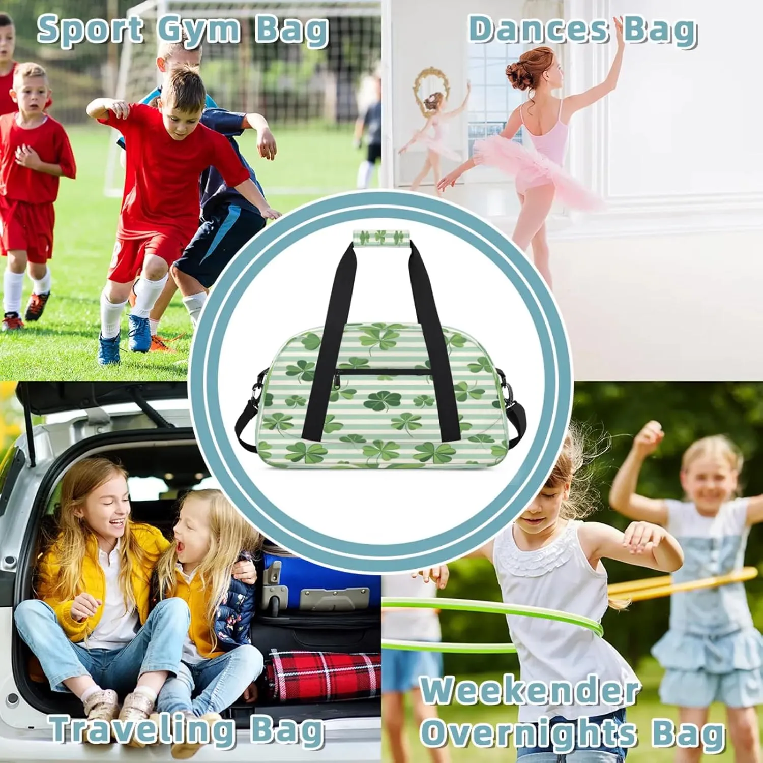 St. Patrick's Day Green Clover Leaves Small Gym Bag 18 inch Carry On Duffel Bag for Weekender Travel Sports Workout Yoga Gymnastics Dance Ballet