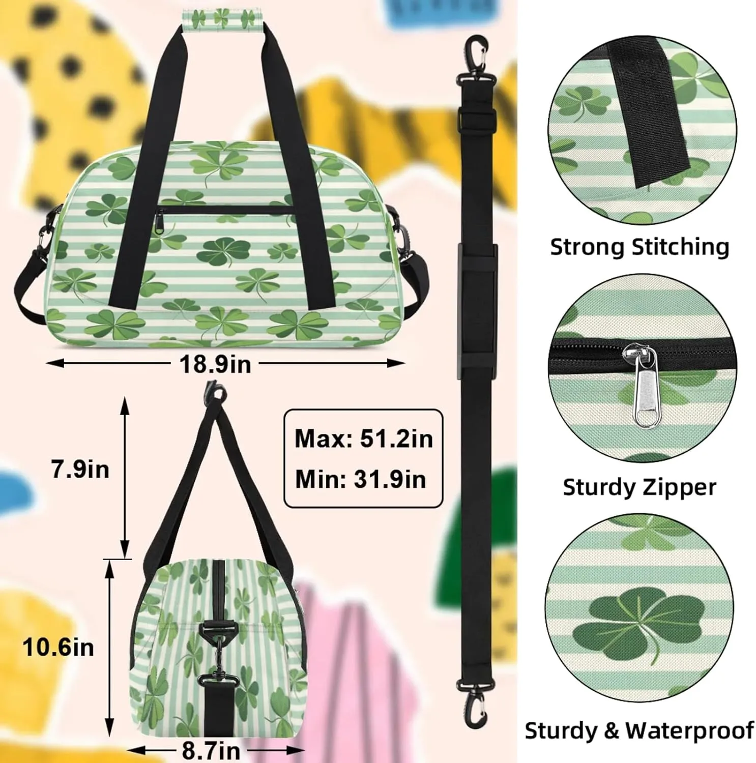 St. Patrick's Day Green Clover Leaves Small Gym Bag 18 inch Carry On Duffel Bag for Weekender Travel Sports Workout Yoga Gymnastics Dance Ballet