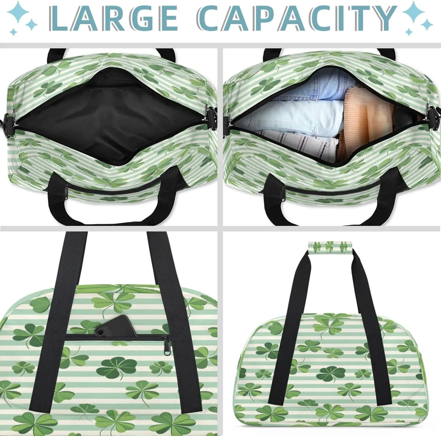 St. Patrick's Day Green Clover Leaves Small Gym Bag 18 inch Carry On Duffel Bag for Weekender Travel Sports Workout Yoga Gymnastics Dance Ballet