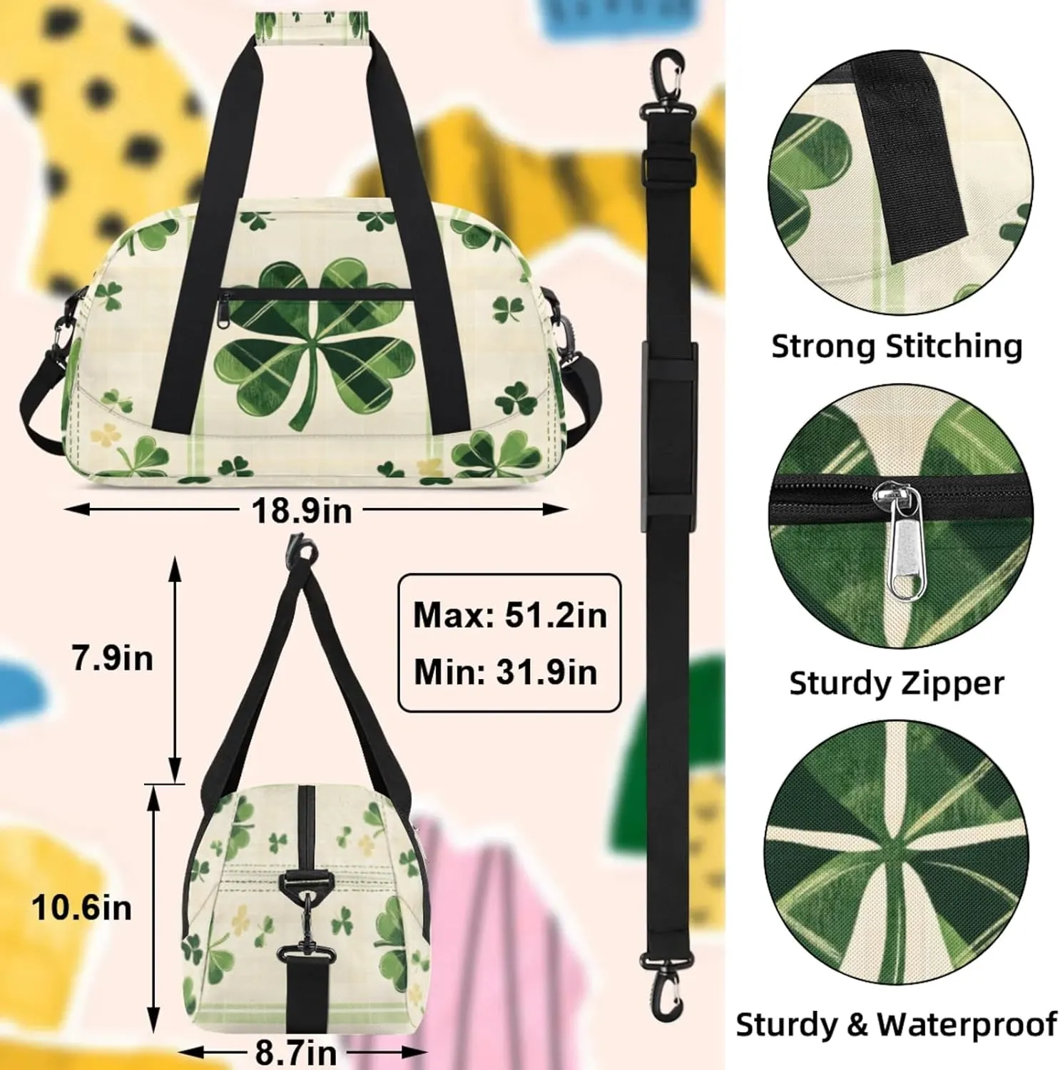 St Patrick's Day Shamrock Small Gym Bag 18 inch Carry On Duffel Bag for Weekender Travel Sports Workout Yoga Gymnastics Dance Ballet