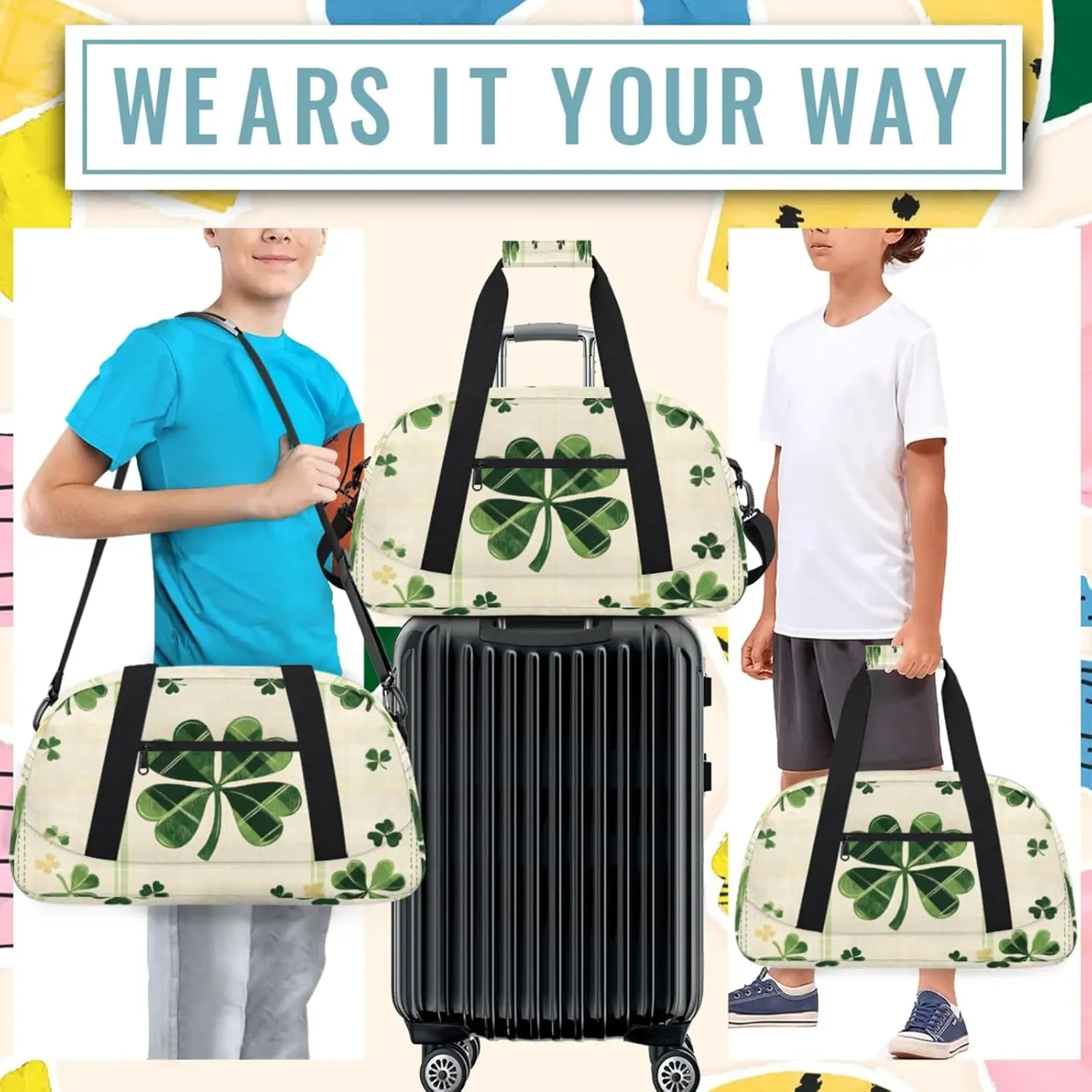 St Patrick's Day Shamrock Small Gym Bag 18 inch Carry On Duffel Bag for Weekender Travel Sports Workout Yoga Gymnastics Dance Ballet