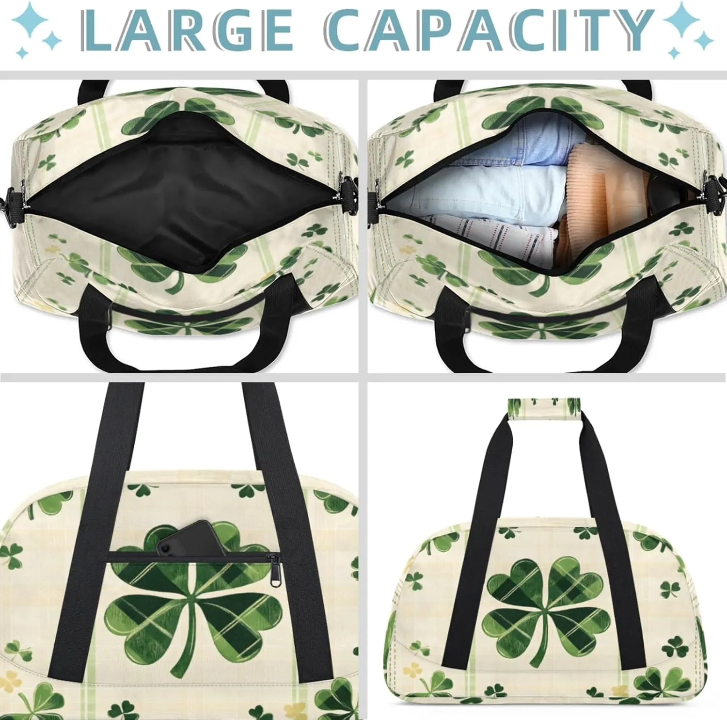 St Patrick's Day Shamrock Small Gym Bag 18 inch Carry On Duffel Bag for Weekender Travel Sports Workout Yoga Gymnastics Dance Ballet