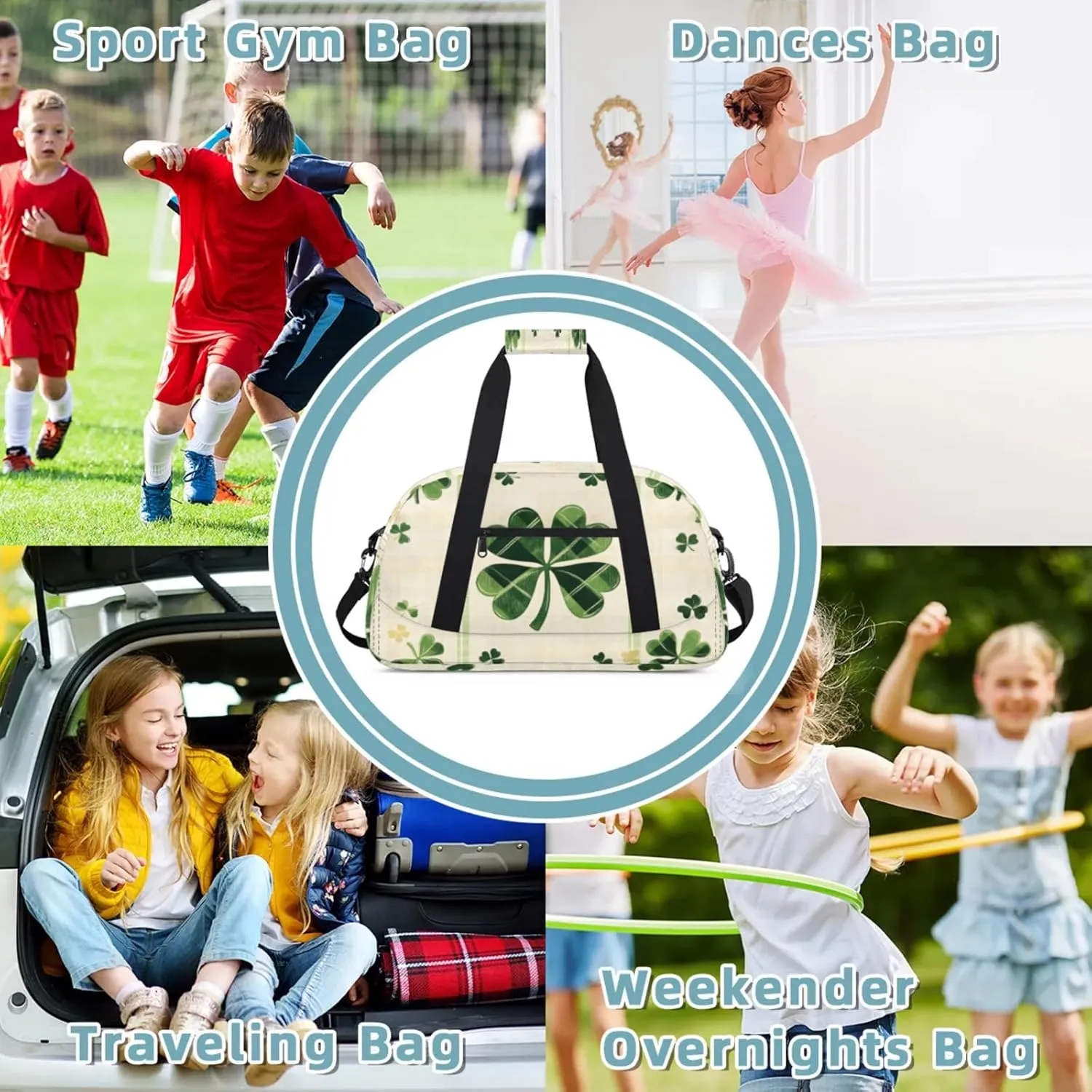 St Patrick's Day Shamrock Small Gym Bag 18 inch Carry On Duffel Bag for Weekender Travel Sports Workout Yoga Gymnastics Dance Ballet