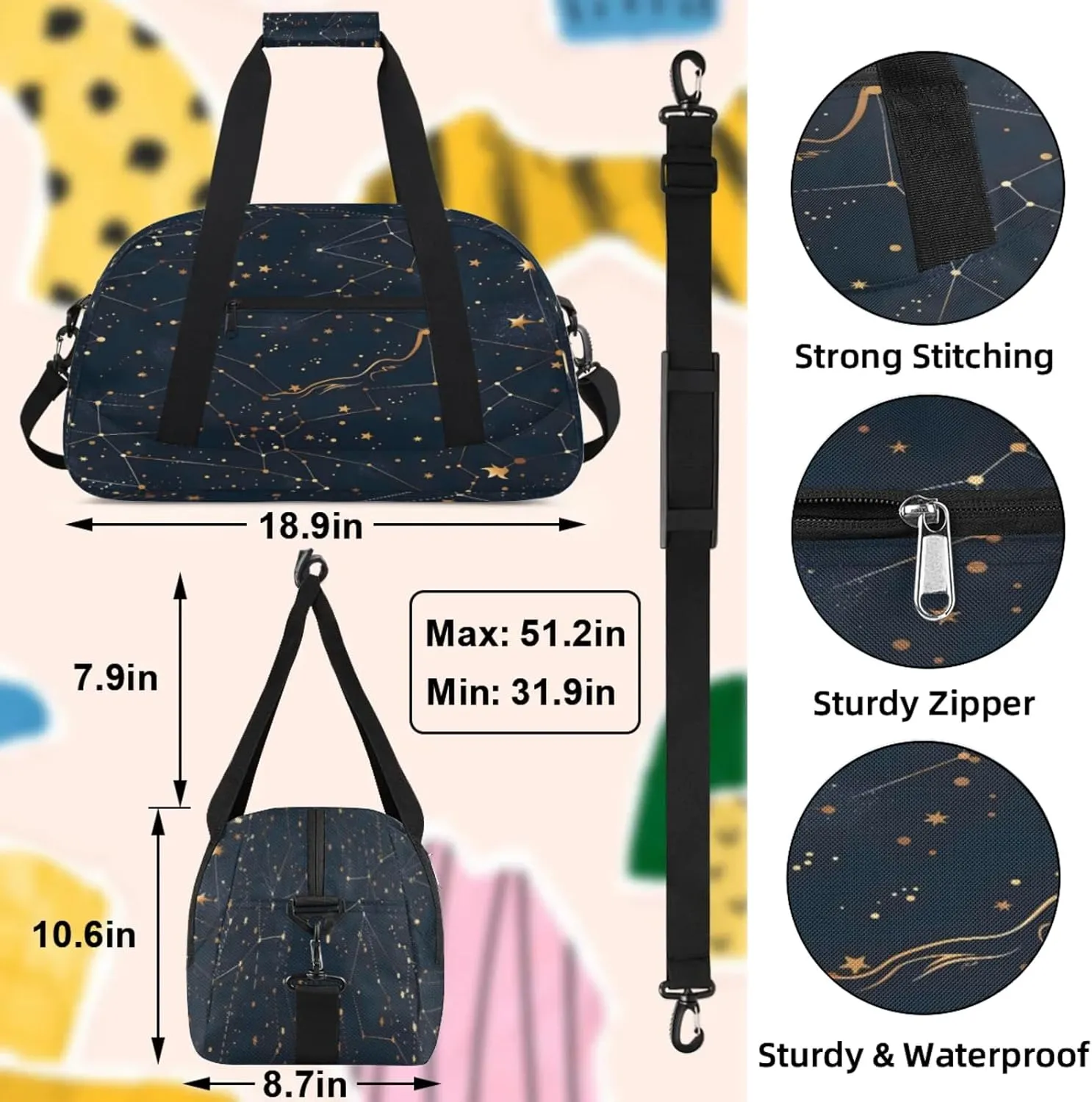 Starry Universe Constellation Galaxy Space Small Gym Bag 18 inch Carry On Duffel Bag for Weekender Travel Sports Workout Yoga Gymnastics Dance Ballet