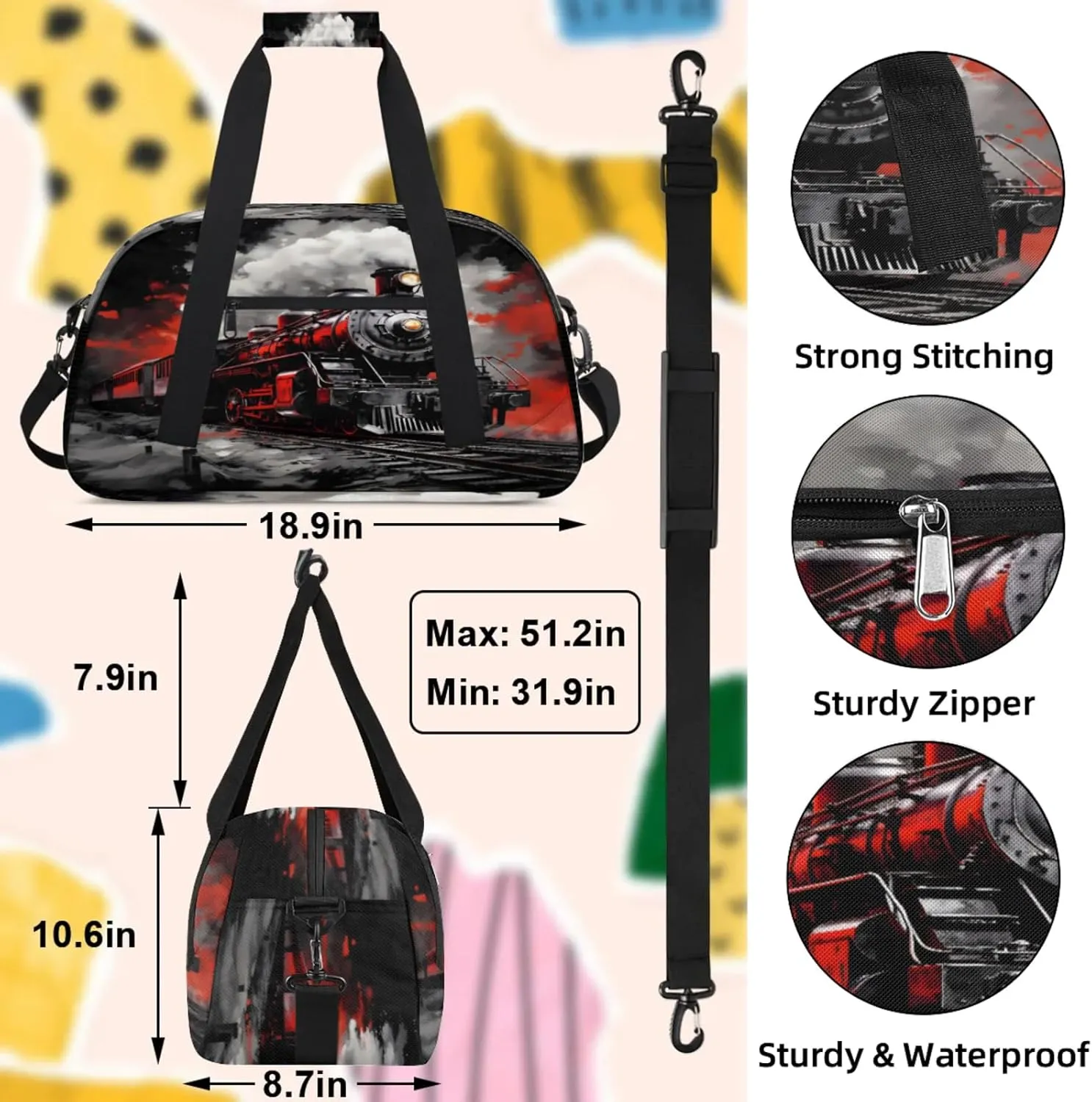 Steam Engine Small Gym Bag 18 inch Carry On Duffel Bag for Weekender Travel Sports Workout Yoga Gymnastics Dance Ballet