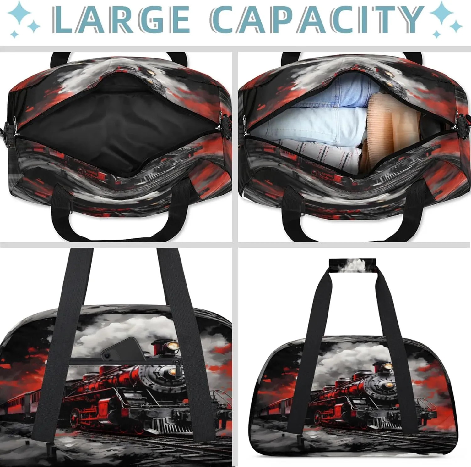 Steam Engine Small Gym Bag 18 inch Carry On Duffel Bag for Weekender Travel Sports Workout Yoga Gymnastics Dance Ballet